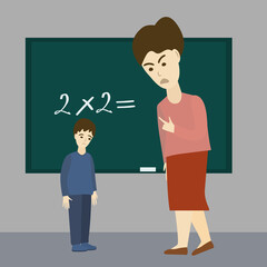 Teacher yells at boy. Scared child and angry teacher. Psychological abuse. Vector illustration