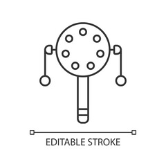 Pellet drum linear icon. Japanese toy for playing percussion. Rattle for kids. Eastern culture. Thin line customizable illustration. Contour symbol. Vector isolated outline drawing. Editable stroke