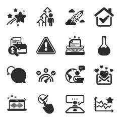 Set of Education icons, such as Ranking stars, Accounting report, Startup rocket symbols. Messenger, Interview job, Chemistry lab signs. Checkbox, Typewriter, Employee result. Love mail. Vector