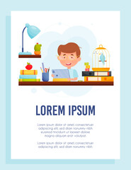 Little boy with tablet at his home workplace, remote learning concept. vector Illustration.