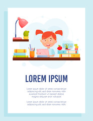 Little girl with tablet at her home workplace, remote learning concept. vector Illustration.