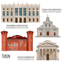 Sights of Turin, Italy. Palazzo Madama e Casaforte degli Acaja, Duomo di Torino, Cattedrale di San Giovanni Battista, Chiesa della Gran Madre di Dio