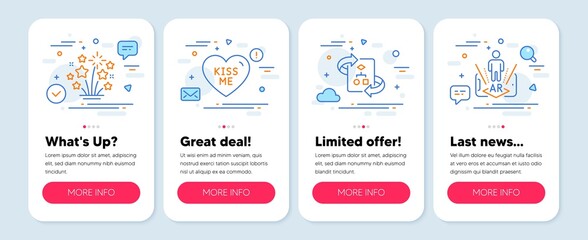 Set of line icons, such as Kiss me, Technical algorithm, Fireworks stars symbols. Mobile app mockup banners. Augmented reality line icons. Love sweetheart, Project doc, Pyrotechnic salute. Vector