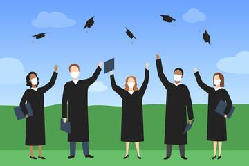 Graduate students in medical masks rejoice and throw mortarboards. Vector illustration.