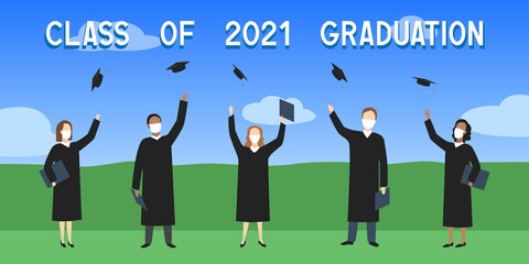 Class of 2021 graduation. Poster in cartoon style. Vector illustration.