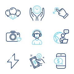 Business icons set. Included icon as Safe time, Ice creams, Consultant signs. Energy, Phone payment, Photo camera symbols. Drag drop, Payment method line icons. Management, Vanilla waffle. Vector