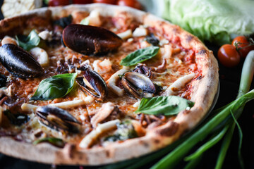 delicious italian pizza with fresh seafood