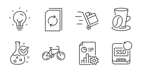 Energy, Update document and Coffee cup line icons set. Bicycle, Report and Chemistry lab signs. Push cart, Recovery ssd symbols. Lightbulb, Refresh file, Latte drink. Business set. Vector