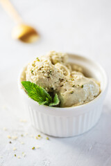 Hemp mint ice cream. Vegan food. Sugar, gluten and lactose free.