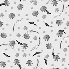 Watercolor vintage pattern. Seamless background with a pattern - flower cornflower, cloves.spikelet, cereal.Beautiful splash of paint, art background for fabric, paper, textiles. wild black flower