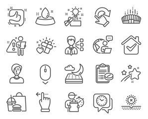 Business icons set. Included icon as Rotation gesture, Touchscreen gesture, Like signs. Water bowl, Creative idea, Scroll down symbols. Clock, Third party, Arena stadium. No sun, Love gift. Vector