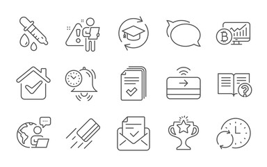 Fototapeta premium Talk bubble, Victory and Time management line icons set. Contactless payment, Continuing education and Credit card signs. Chemistry pipette, Update time and Approved mail symbols. Vector