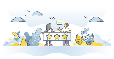 Feedback as product or service evaluation with stars rating outline concept. Business customer comments and consumer quality opinion vector illustration. Experience satisfaction and choice judgment.