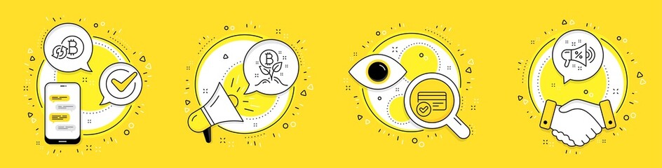 Refresh bitcoin, Bitcoin project and Payment methods line icons set. Cell phone, megaphone and deal vector icons. Sale megaphone sign. Vector