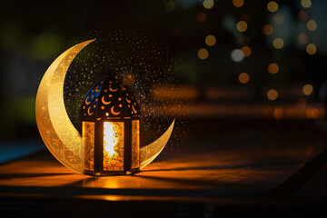 Ornamental Arabic lantern with crescent moon - Ramadan Kareem - obrazy, fototapety, plakaty