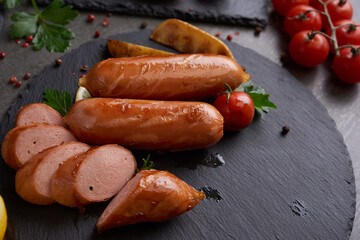 sausages and ingredients for cooking. Grilled sausage with the addition of herbs and and spices, vegetables, rosemary, thyme on the grill plate, Grilling food, bbq, barbecue, on stone table. Top view.