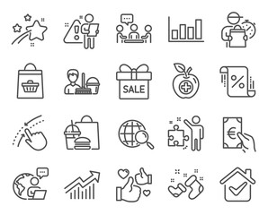 Business icons set. Included icon as Swipe up, Web search, Loan percent signs. Cleaning service, Santa boots, Medical food symbols. People chatting, Sale offer, Report diagram. Strategy. Vector