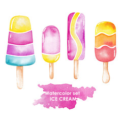 Watercolor set with the image of colored ice cream. Images for the design of postcards, invitations, textiles, various decor.