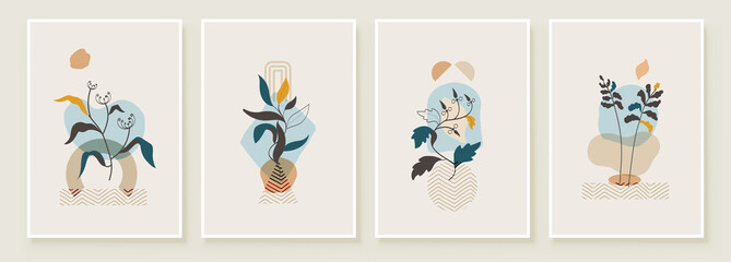 Abstract Botanical Organic Art Illustration. Set of soft color painting wall art for house decoration. Minimalistic canvas background design. Vector wall art plants in boho style. © great_bergens