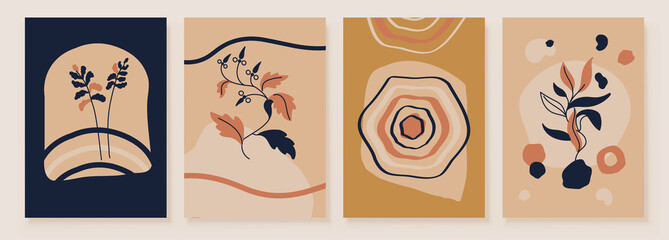 Abstract Botanical Organic Art Illustration. Set of soft color painting wall art for house decoration. Minimalistic canvas background design. Vector wall art plants in boho style. © great_bergens