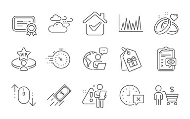 Scroll down, Time and Vip table line icons set. Fast payment, Line graph and Certificate signs. Buyer, Eye checklist and Windy weather symbols. Marriage rings, Timer and Coupons. Vector