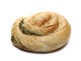 Round breakfast pastry with cheese and spinach isolated on white background