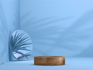 abstract wooden template as presentation stage with leaf shadow and mirror in front of background - 3D Illustration