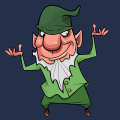 cartoon bearded elf in green clothes dancing fun