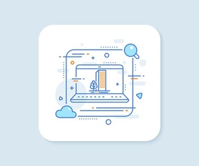 Buildings line icon. Abstract vector button. City architecture with tree sign. Skyscraper building symbol. Buildings line icon. Laptop concept badge. Vector