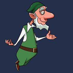 cartoon elf in green clothes looks away and takes off