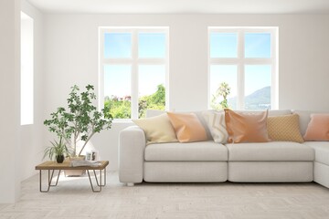 White living room with sofa and summer landscape in window. Scandinavian interior design. 3D illustration