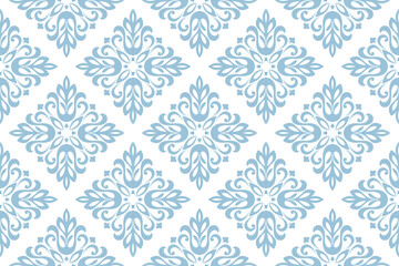 Wallpaper in the style of Baroque. Seamless vector background. White and blue floral ornament. Graphic pattern for fabric, wallpaper, packaging. Ornate Damask flower ornament