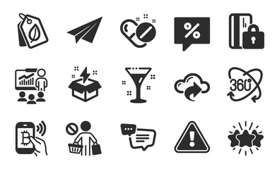 Star, Cocktail and Blocked card icons simple set. Text message, Full rotation and Paper plane signs. Medical pills, Bio tags and Stop shopping symbols. Flat icons set. Vector