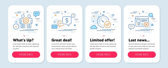 Set of Technology icons, such as Payment received, Fast verification , Employees teamwork symbols. Mobile app mockup banners. Reject web line icons. Money, Timer, Collaboration. No internet. Vector