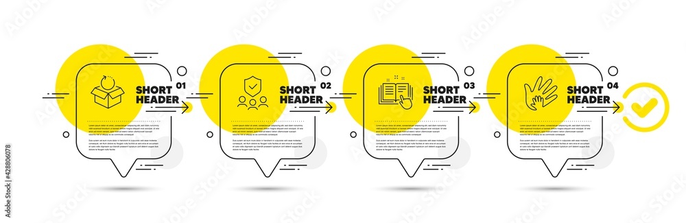Poster return package, security agency and technical documentation line icons set. timeline infograph speec