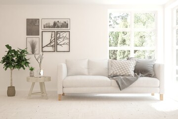 White living room with sofa and summer landscape in window. Scandinavian interior design. 3D illustration