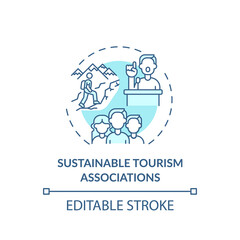 Sustainable tourism associations concept icon. Best sustainable tourism practices. Places popular for tourists idea thin line illustration. Vector isolated outline RGB color drawing. Editable stroke