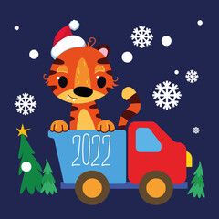 Happy Chinese New Year 2022, little tiger cub in a car, truck rides, garland, toy, gift, year of the zodiac, vector illustration isolated on white background clipart. Cartoon character animal art