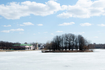 Panorama, view of the palace complex and the island on the lake. April 10, 2021, Kuskovo Estate,...