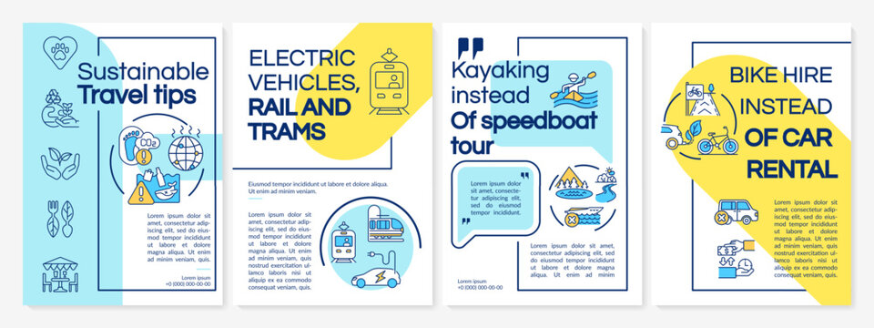 Sustainable travel tips brochure template. Electric transport. Flyer, booklet, leaflet print, cover design with linear icons. Vector layouts for presentation, annual reports, advertisement pages