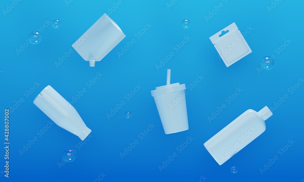 Poster plastic debris floating underwater in the ocean. 3d rendering