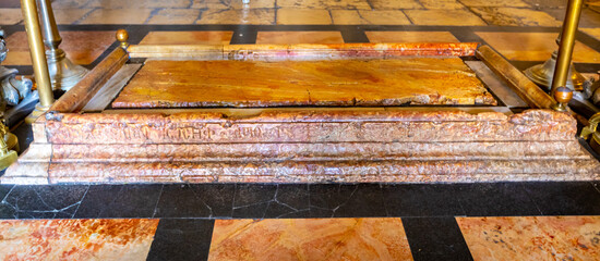 Church of the Holy Sepulchre. Stone of the Anointing of Jesus in the Holy Sepulchre  Jerusalem Israel April 2021