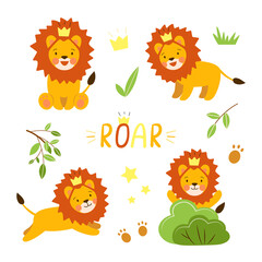 Fototapeta premium Vector set of little cute lion cubs playing in the forest with roar text. Kawaii african wild animals on stickers collection for kids. Isolated white background