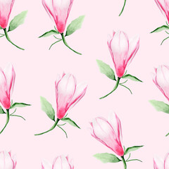 Magnolia bud on pink background watercolor seamless pattern. Template for decorating designs and illustrations.