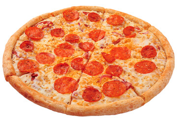 Meat pizza. Mozzarella cheese, pepperoni, Red onion. White background. Isolated.