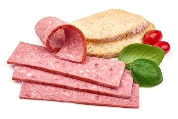 Salami sausage slices, isolated on white background. High resolution image