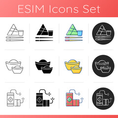 China national holidays icons set. Chopsticks. Gold ingots. Fireworks. Primary utensils. Prosperity symbol. Chinese new year. Linear, black and RGB color styles. Isolated vector illustrations