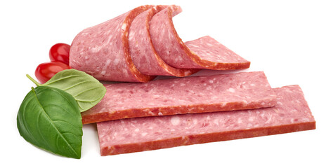 Salami sausage slices, isolated on white background. High resolution image