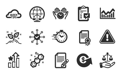 Certificate, Safe time and Quick tips icons simple set. Dollar exchange, Infochart and Survey check signs. Magistrates court, Checklist and Article symbols. Flat icons set. Vector