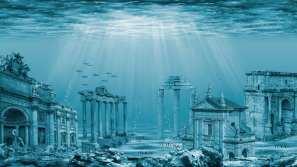 Ruins of the Atlantis civilization. Underwater ruins - obrazy, fototapety, plakaty